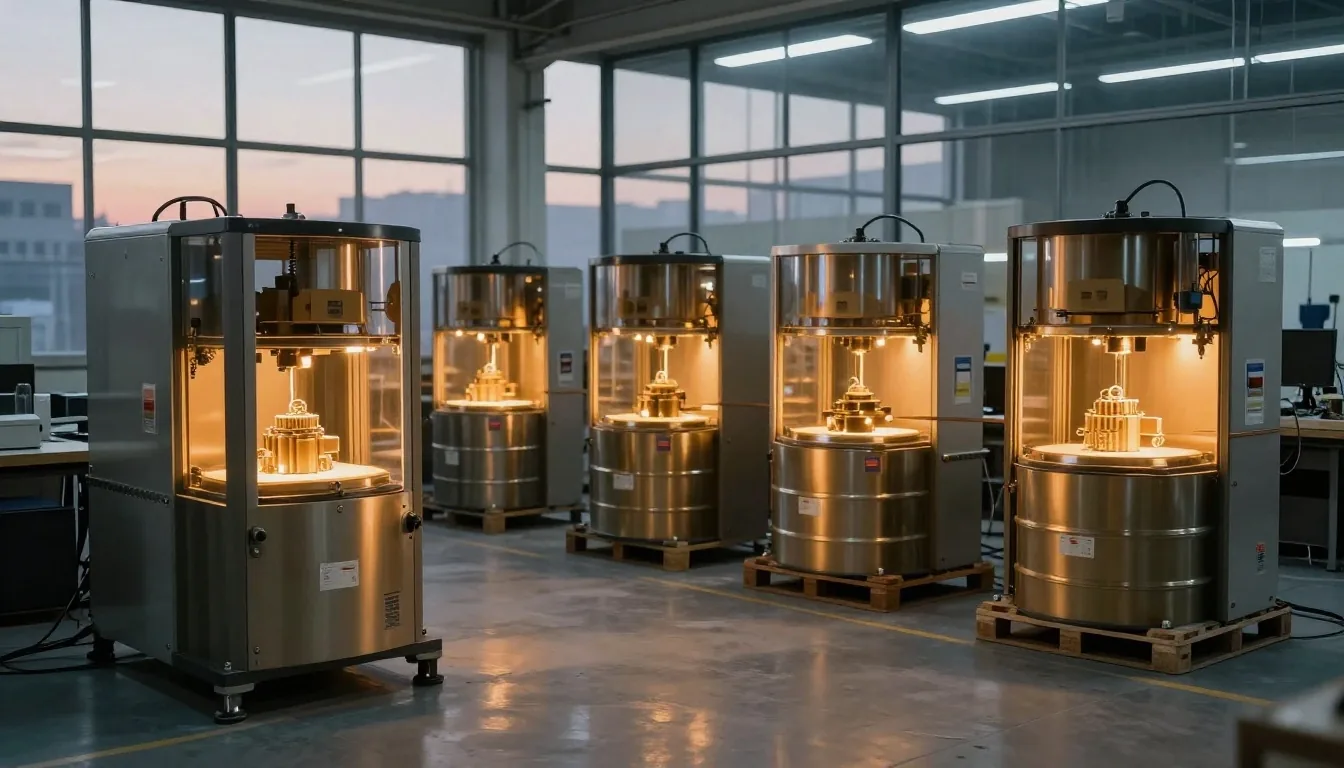 Pasillo entre impresoras 3D industriales con luz cálida lateral