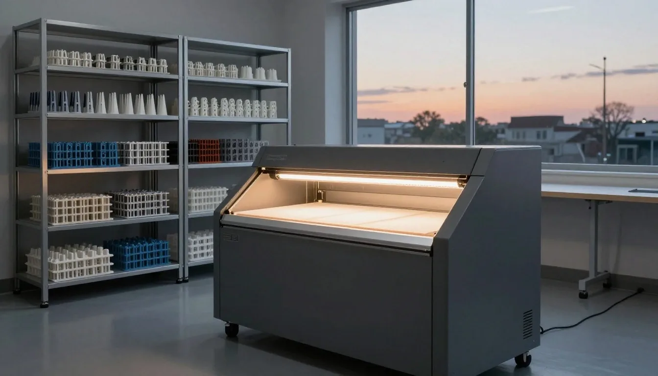 Taller de fabricación aditiva al atardecer con impresoras trabajando