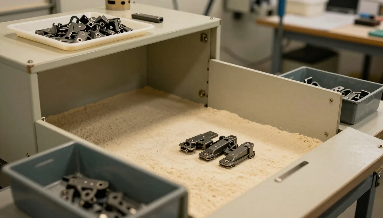 Piezas mecánicas de nylon sinterizado verificadas con calibre en taller