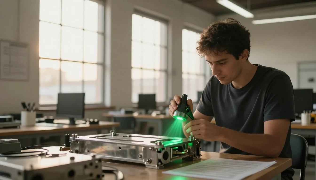 Escaneo 3D de pieza mecánica con luz estructurada en taller