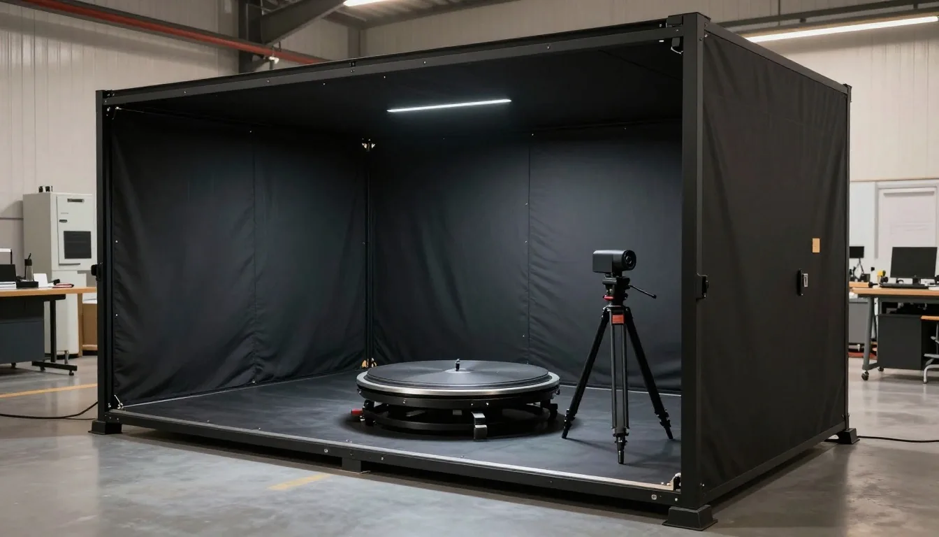 Escáner 3D proyectando luz sobre una pieza mecánica en banco de taller