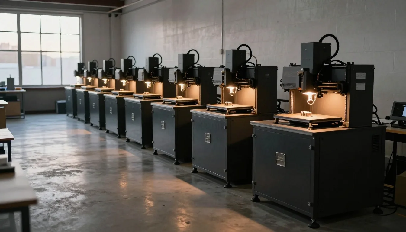 Taller de impresión 3D al atardecer con varias máquinas en funcionamiento