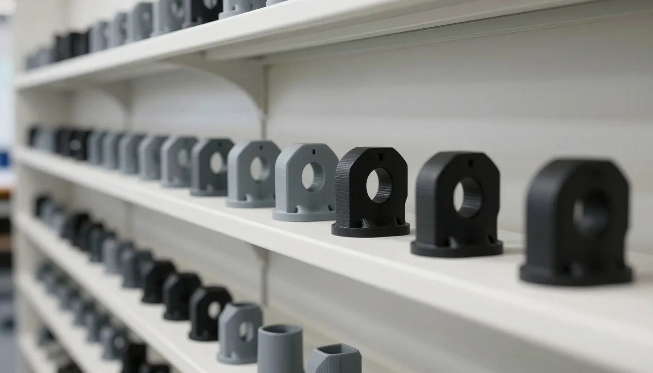 Evolución de versiones de un prototipo impreso en 3D ordenadas en un estante