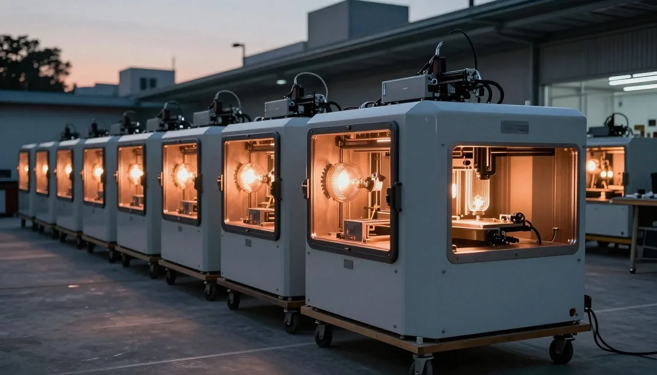 Taller de impresión 3D con varias impresoras trabajando al atardecer