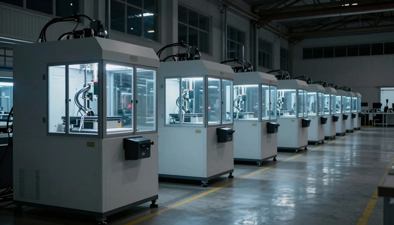 Pasillo entre impresoras 3D industriales con luz de escáner