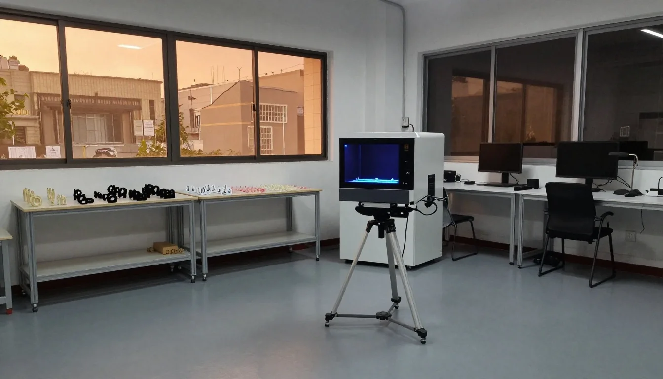 Taller de fabricación aditiva al atardecer con impresoras 3D en funcionamiento
